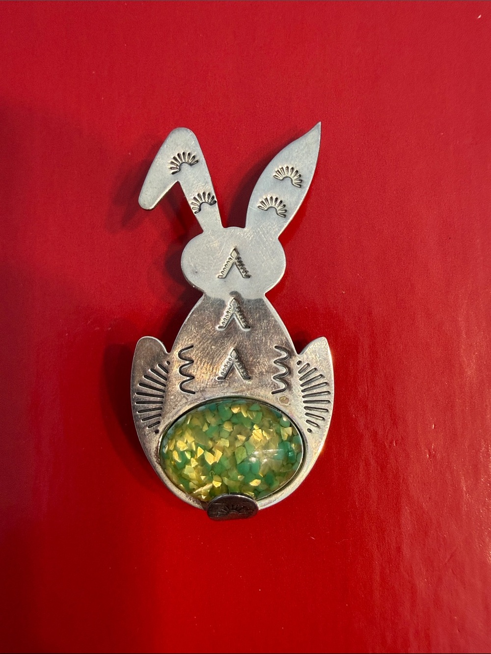 Vintage Silver Bunny Brooch with Green Shell Inlay
